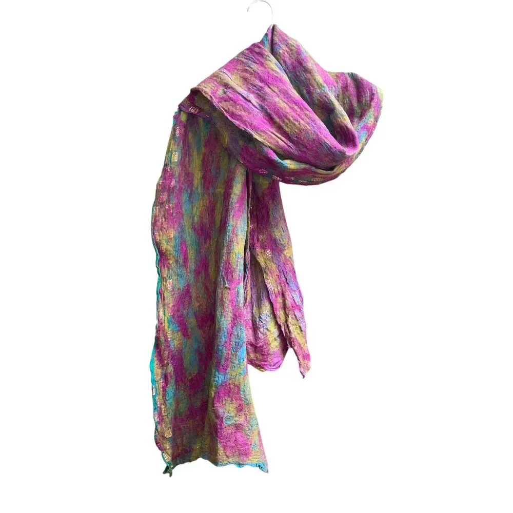 Hand-Felted Lagenlook Wool & Silk Green Multi Color Shawl Scarf Art to Wear